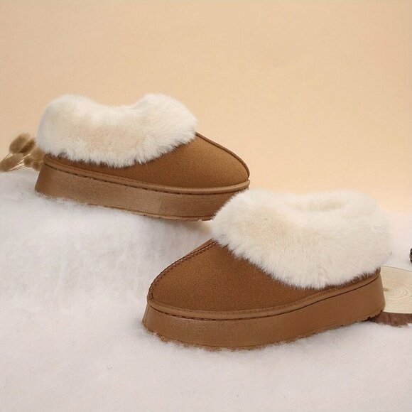 Dark Brown Casual Women's Thick Flat Suede Shearling Slippers - Picture 4 of 5